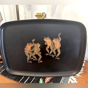 Vintage Courocd of Monterey Wood and Brass Inlaid Dancing Frog Melamine Tray